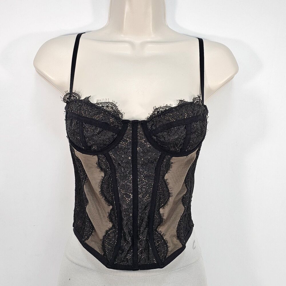 UO Out From Under Modern Love Black Lace & Beige Mesh Corset Top Size M